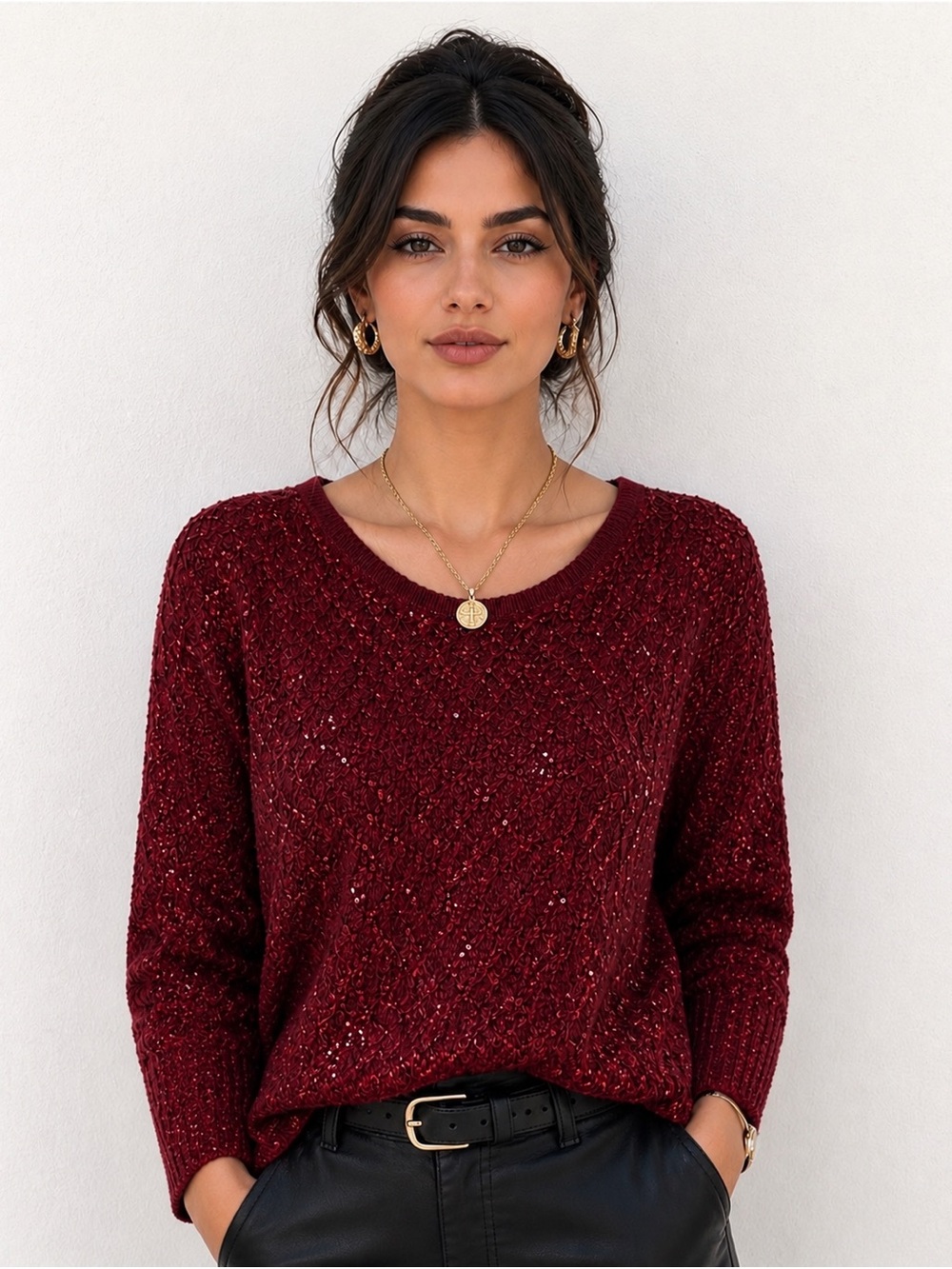 New Sparkly  Burgundy Sweater Crew Neck S